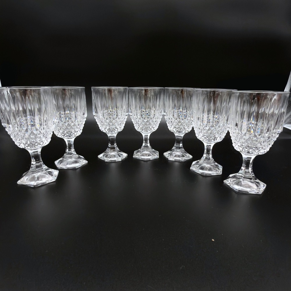 VTG Fostoria Stratton Crystal Wine Glasses Set Of 7 Hexagonal Foot 5.5"